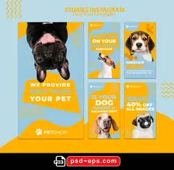 طرح آماده لایه باز بنر استوری اینستاگرام در 5 طرح مختلف با تصاویر با کیفیت با موضوع فروش غذای حیوانات خانگی از جمله سگ