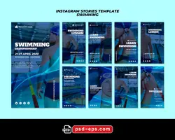 طرح آماده لایه باز بنر استوری اینستاگرام در 9 طرح مختلف با تصاویر با کیفیت با موضوع مجموعه آبی و آموزش شنا و مسابقه شنا و استخر
