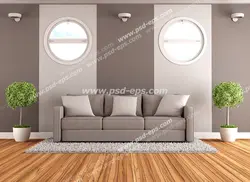 عکس با کیفیت تبلیغاتی مبلمان سه نفره راحتی و دو گلدان و پنجره و موکت