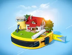 عکس با کیفیت تبلیغاتی خانه و نقشه و سطل رنگ و غلطک به روی یک سانتیمتر بزرگ