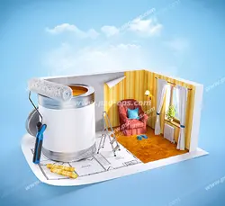 عکس با کیفیت تبلیغاتی اتاق کوچ با تجهیزات و سطل و غلطک رنگ بزرگ