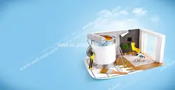 عکس با کیفیت تبلیغاتی تصویر اتاق کوچک با کاغذ دیواری پارکت پنجره صندلی و سطل و غلطک رنگ بزرگ