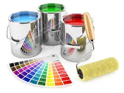 عکس با کیفیت تبلیغاتی جدول تونالیته رنگ و سه سطل رنگ اصلی و غلطک رنگ آمیزی