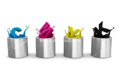 عکس با کیفیت تبلیغاتی چهار سطل رنگ و حرف انگلیسی مد رنگی سی ام وای کی که از هر سطل بیرون آمده است