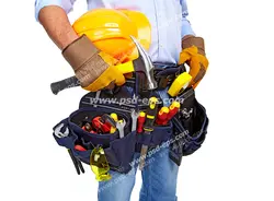 عکس با کیفیت تبلیغاتی کمربند ابزار و کلاه ایمنی
