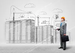 عکس با کیفیت تبلیغاتی مهندس ناظر در کنار ساختمان ها