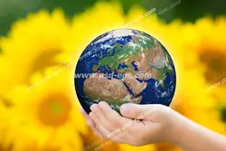 عکس با کیفیت تبلیغاتی کره زمین در دستان کودک با پس زمینه گل های آفتابگردان