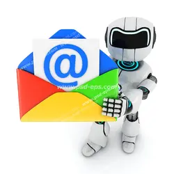 عکس با کیفیت تبلیغاتی ربات کوچک که پاکت نامه در دست دارد