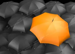 عکس با کیفیت تبلیغاتی چتر نارنجی در بین چتر های مشکی
