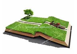 عکس با کیفیت تبلیغاتی قطار در حال حرکت بر روی کتاب سرسبز