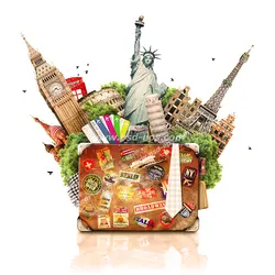 عکس با کیفیت تبلیغاتی چمدان مسافرتی و مناطق گردشگری در آن