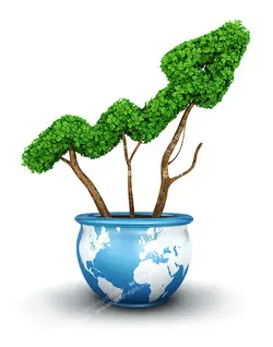 عکس با کیفیت تبلیغاتی گلدانی با طرح کره زمین که گیاه روئیده شده از آن به صورت فلش نمودار صعودی طراحی شده است