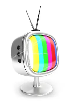 عکس با کیفیت تبلیغاتی تلویزیون سیاه و سفید قدیمی به رنگ نقره ای که در صفحه آن سیگنال موجود نمی باشد