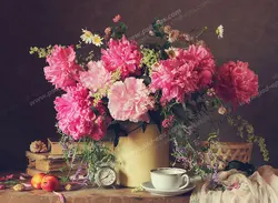 عکس با کیفیت تبلیغاتی گلدان سفالی با گل های رز صورتی زیبا