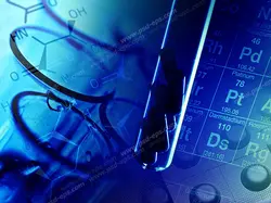 عکس با کیفیت تبلیغاتی قطره چکان فرو رفته در ظرف پر از محلول آبی رنگ