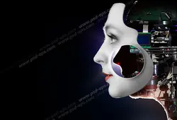 عکس با کیفیت با نمای نزدیک از صورت ربات انسان نما با نمایش سخت افزار های به مار رفته در آن