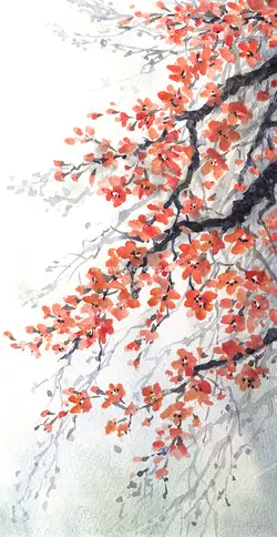 عکس با کیفیت تبلیغاتی نقاشی شاخه های درخت پر از شکوفه های قرمز زیبا