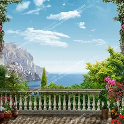 عکس با کیفیت تبلیغاتی بالکن سنگی رو به دریا و جزیره سنگی زیبا کوه سرسبز پر از گل و گیاه و درخت