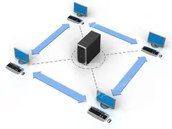 عکس با کیفیت تبلیغاتی نشان دهنده شبکه متشکل از یک سرور با یک رک و چهار کلاینت که هرکدام دارای مانتور و موس و کیبورد هستند و به صورت پی تو پی به هم متصل هستند و فلش های دو طرفه که با فلش های آبی نشان داده شده است