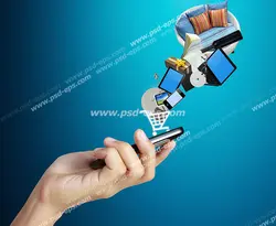 عکس با کیفیت تبلیغاتی گوشی درون دست مرد که از آن آبجکت های سه بعدی گرافیکی سبد چرخدار خرید فروشگاهی که درون آن رادیو قاشق چنگال تلویپزیون موبایل تبلت مبل شیشه نوشیدنی کتاب جعبه کادو سی دی عینک به بیرون پرتاب شده