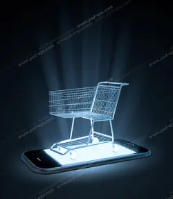 عکس با کیفیت تبلیغاتی سبد خرید فروشگاهی کوچک که روی صفح موبایل روشن قرار گرفته است
