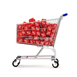 عکس با کیفیت تبلیغاتی سبد خرید فروشگاهی پر از مکعب های قرمز که روی همه وجه های آن کاراکتر درصد به رنگ سفید که نشان دهنده تخفیف می باشد درج شده