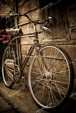 عکس با کیفیت تبلیغات دوچرخه قدیمی در کنار کلبه چوبی