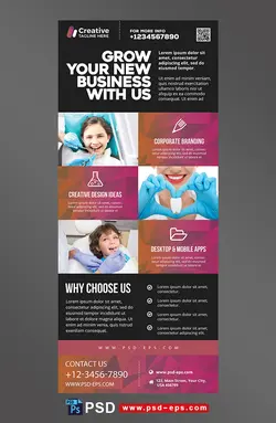 طرح آماده لایه باز بنر استند یا رول آپ مرکز دندان پزشکی یا پزشک دندان پزشک با سه قاب برای عکس سه تکست باکس برای توضیح خدمات