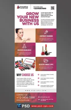 طرح آماده لایه باز بنر استند یا رول آپ فروشگاه فرروش لوازم آرایشی بهداشتی با سه قاب برای عکس سه تکست باکس برای توضیح خدمات