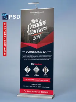 طرح آماده لایه باز بنر استند یا رول آپ فراخوان همایش کسب و کار یا کار آفرینی با سه قاب کوچک از تصویر سخنرانان