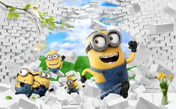 طرح یا نقاشی فانتزی مینیون های زرد بامزه در حال دویدن و خراب کردن دیوار آجری