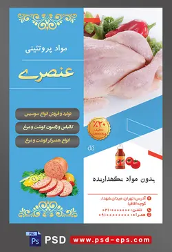 طرح لایه باز تراکت فروشگاه مواد پروتئینی گوشت مرغ با محوریت تصویر مرغ پاک شده که با سبزیجات تزئین شده