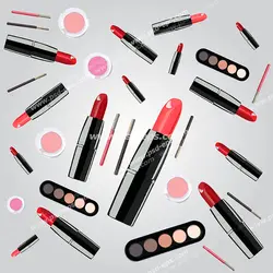 عکس با کیفیت لوازم آرایشی رژ لب ، سایه ، رژ گونه و برس های کوچک با زمینه خاکستری روشن