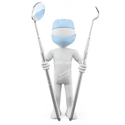 طرح فانتزی شغل دندانپزشک با ابزار دندانپزشکی در دست و کلاه و ماسک متخصص دندانپزشکی بر روی صورت