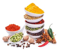 عکس با کیفیت ادویه و گیاهان جدا شده درون پیاله های سرامیکی بر روی زمینه سفید
