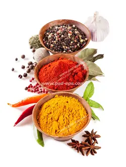 عکس با کیفیت سه پیاله چوبی بامبو حاوی ادویه های فلفل سیاه و قرمز و زردچوبه در کنار سیر و سایر افزودنی های مفید در آشپزی