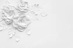 عکس با کیفیت دیوارپوش سه بعدی یا پس زمینه رندر سه بعدی با طرح گل های برجسته سفید رنگ به همراه برگ های برجسته با زمینه سفید