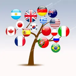 طرح یا نقاشی فانتزی آموزشی برای کودکان با تصویر پرچم کشورهای مختلف بر روی شاخه های درخت