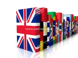 عکس با کیفیت نمادین کتاب های آموزشی زبان های خارجی اروپایی با تصویر کتاب های دارای جلد پرچم کشورهای اروپایی