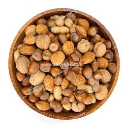 عکس با کیفیت آجیل و مغزهای مفید با پوست از جمله بادام ، فندق ، بادام زمینی و گردو در کاسه چوب بامبو