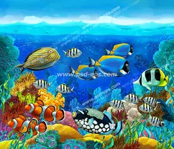 طرح یا نقاشی فانتزی ماهی های رنگارنگ کف اقیانوس مناسب آسمان مجازی آکواریوم