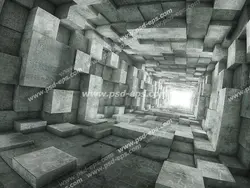 عکس با کیفیت دیوارپوش سه بعدی یا پس زمینه رندر سه بعدی با طرح تونلی به سمت نور تشکیل شده از مکعب های سنگی به صورت برجسته و با چیدمانی نامنظم با سایه روشن و از زاویه گسترده