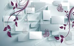 عکس با کیفیت کاغذدیواری یا دیوارپوش سه بعدی با طرح مستطیل های سفید در میان فضا و طرح های هنری شاخه های بنفش رنگ در میان پروانه ها