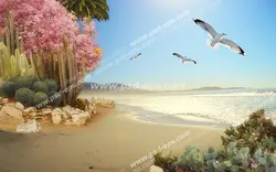 عکس با کیفیت دیوارپوش سه بعدی یا کاغذ دیواری سه بعدی با نقاشی فانتزی ساحل شنی با گیاهان و درختان گوناگون و دریایی با انعکاس تابش نور خورشید و مرغان دریایی در حال پرواز