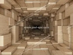 عکس با کیفیت دیوار سه بعدی یا دیوارپوش 3D با طرح راهرویی با اشکال مکعب مستطیل چوبی برجسته و فرو رفته