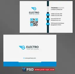 طرح آماده لایه باز کارت ویزیت دورو به رنگ آبی سفید ویژه ی شرکت های تجاری الکتریکی شیر الات رستوران فست فود