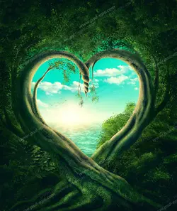 نقاشی و طرح فانتزی درخت سرسبز با شاخ و برگ فراوان با تنه پیچکی به شکل قلب رو به منظره دریای زیبا با آسمان آبی و آفتابی