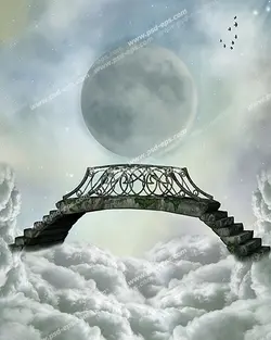 نقاشی و طرح فانتزی دنیای رویایی و آرزوها با پل سنگی قدیمی با پلکان سنگی در میان ابرها و ماه