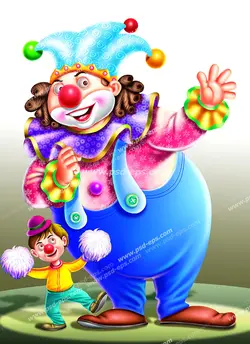 نقاشی و طرح فانتزی دلقک سیرک با لباس های مخصوص و رنگارنگ و کلاه زنگوله دار در کنار پسر بچه ای با گریم و وسایل دلقک