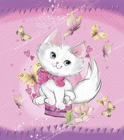نقاشی و طرح فانتزی کارتونی گربه ای سفید و پشمالو با روبان صورتی در میان پروانه های کوچک و زیبا با زمینه صورتی
